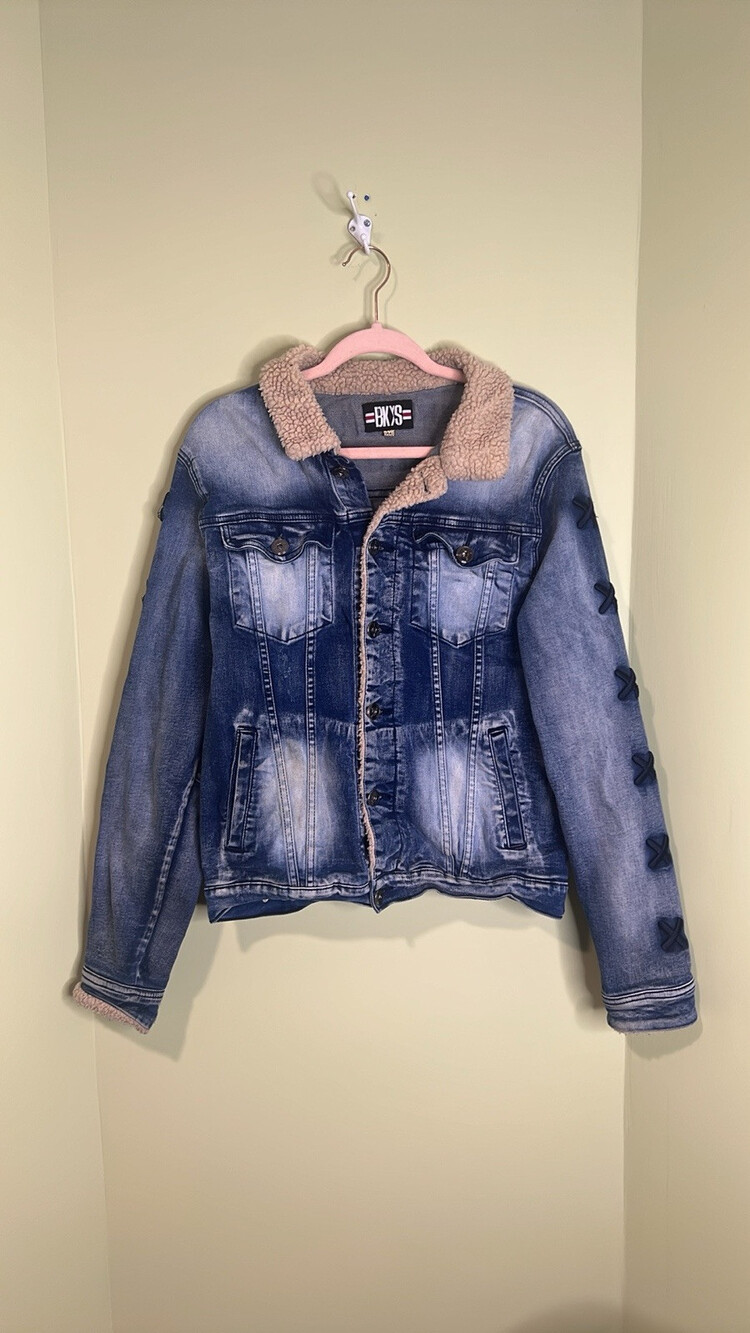 BKYS Bear Rose Embroidered Distressed Denim Jean Jacket   Medium - Picture 5 of 8